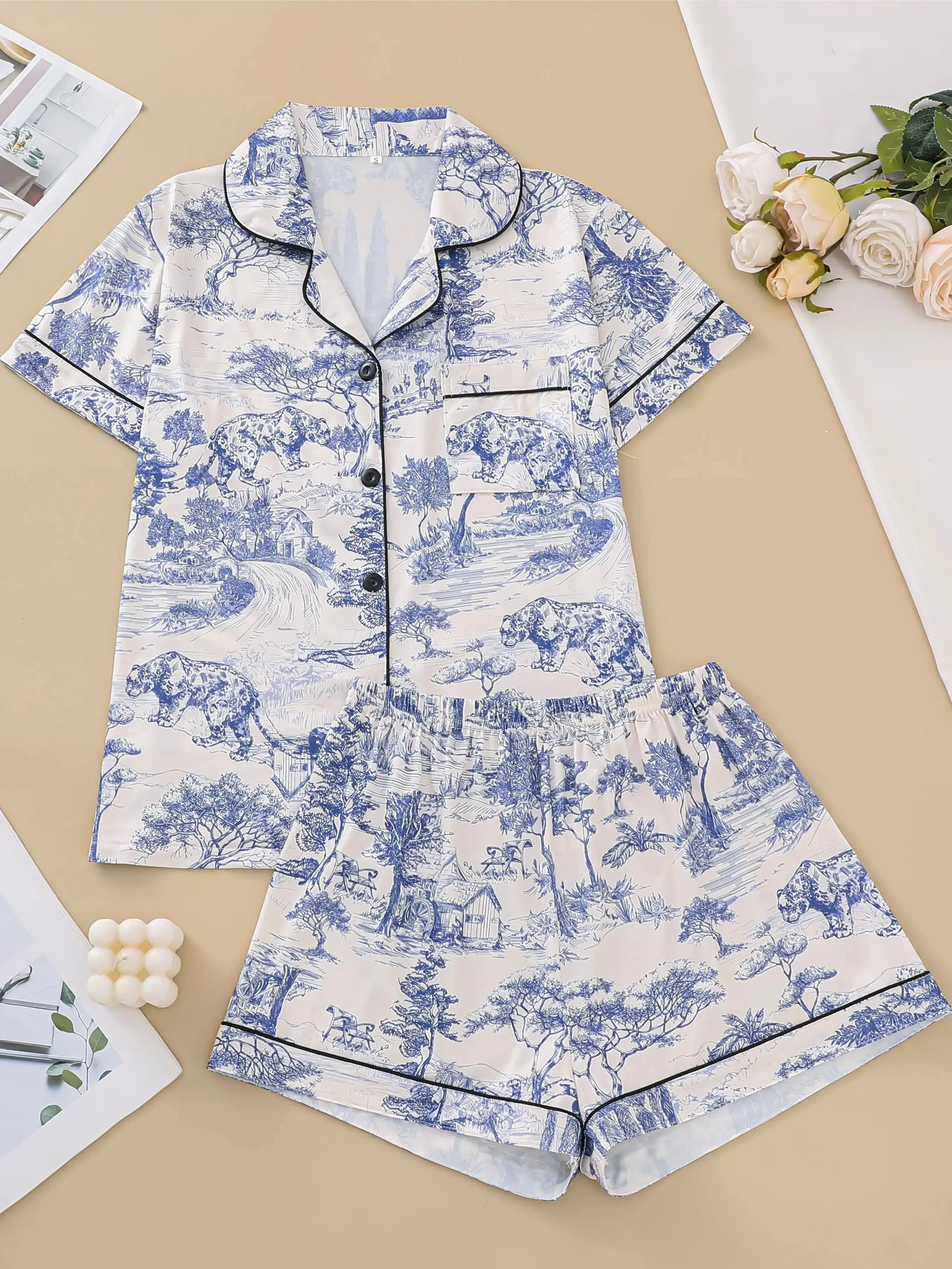 Pajama set, comfortable short-sleeved lapel top loungewear for women