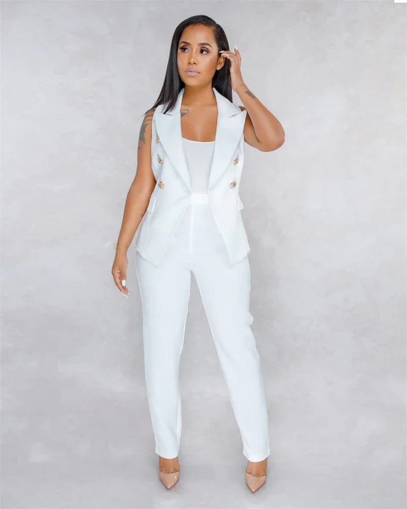 Women's Set Elegant Sleeveless Blazer Top + Pencil Pants Matching Sets