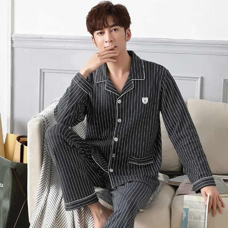 Men's Cotton Pajama Set, Lightweight Long Sleeve Casual Cardigan Suit