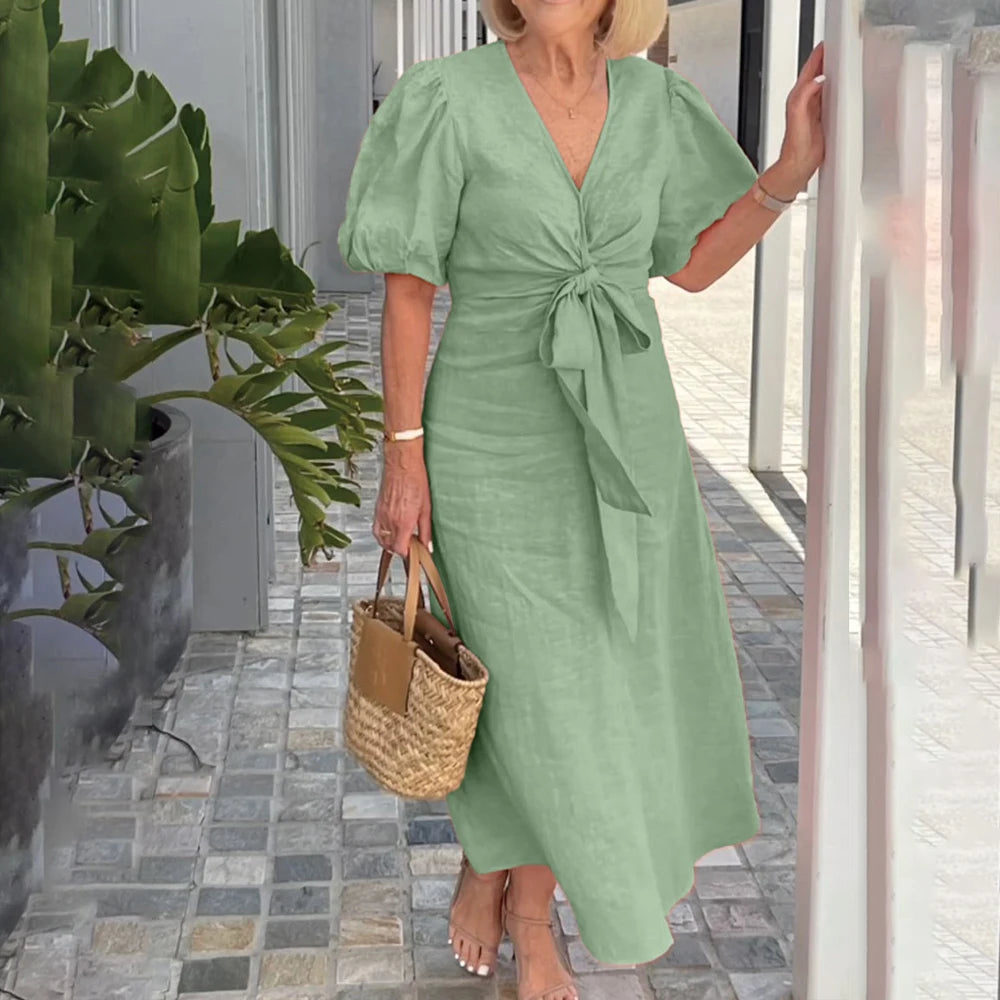 Plus Size Women's Solid Elegant V-Neck Lace-Up Puff Sleeve Maxi Dress