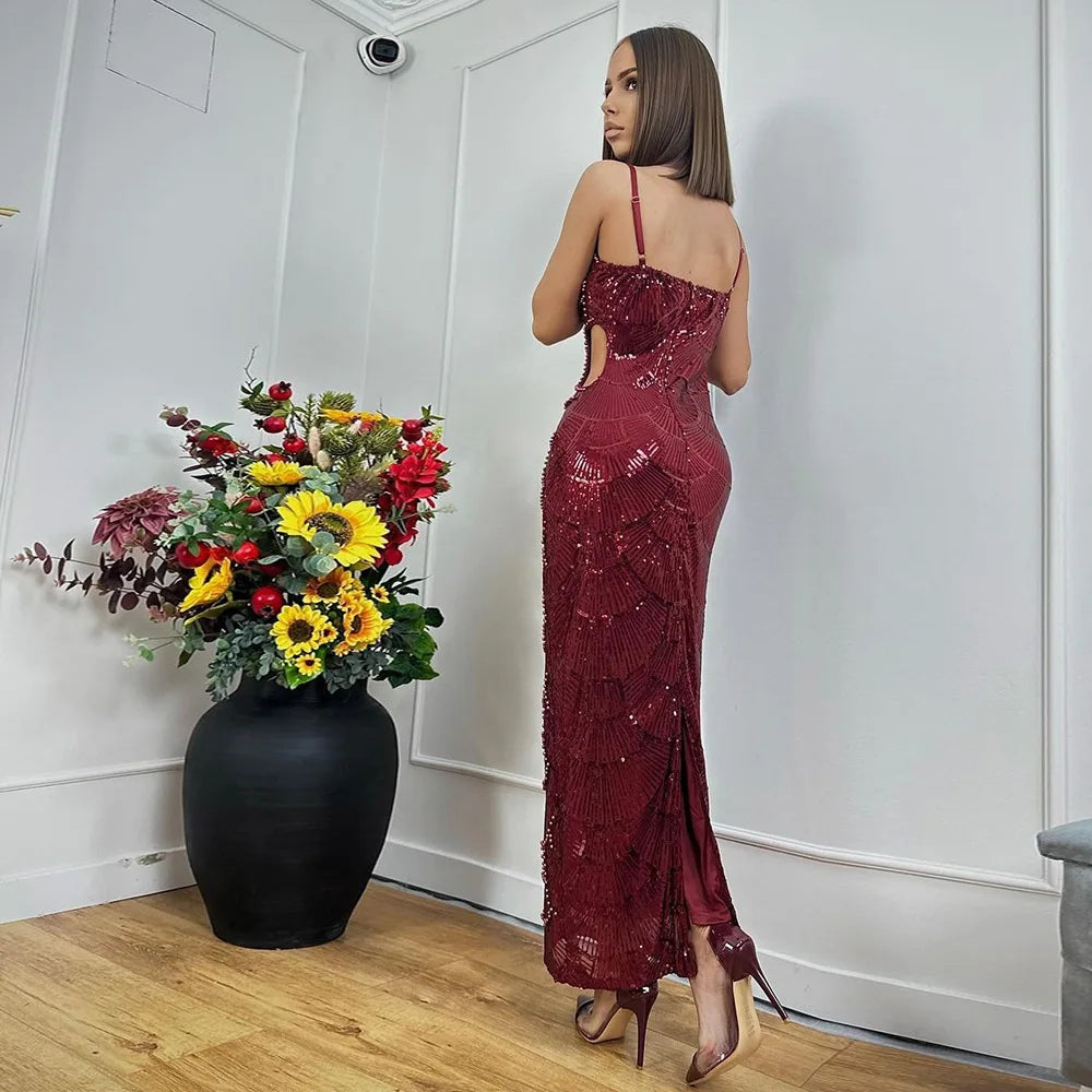 Hollow Sexy Bodycon Spaghetti Strap Evening Party Dresses for Women