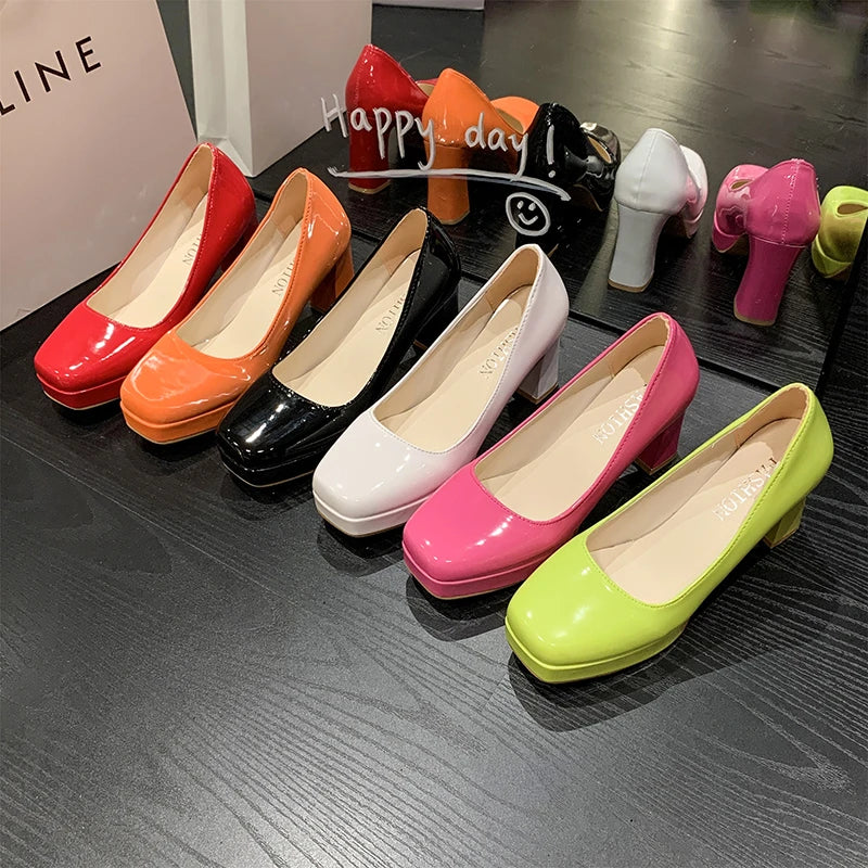Women’s Fashion Shoes: Square-Toe Patent Leather  Platform Pumps
