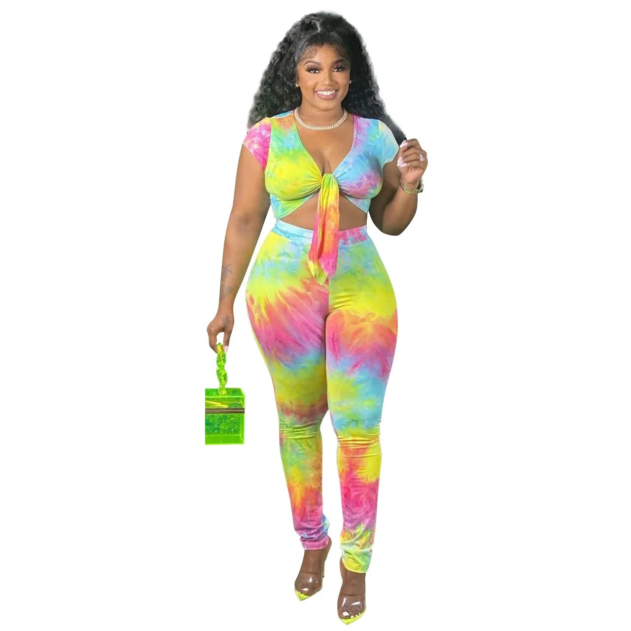Plus Size Women's Fashion Tie Dye Gradient Print Two Piece Set Sexy Knot