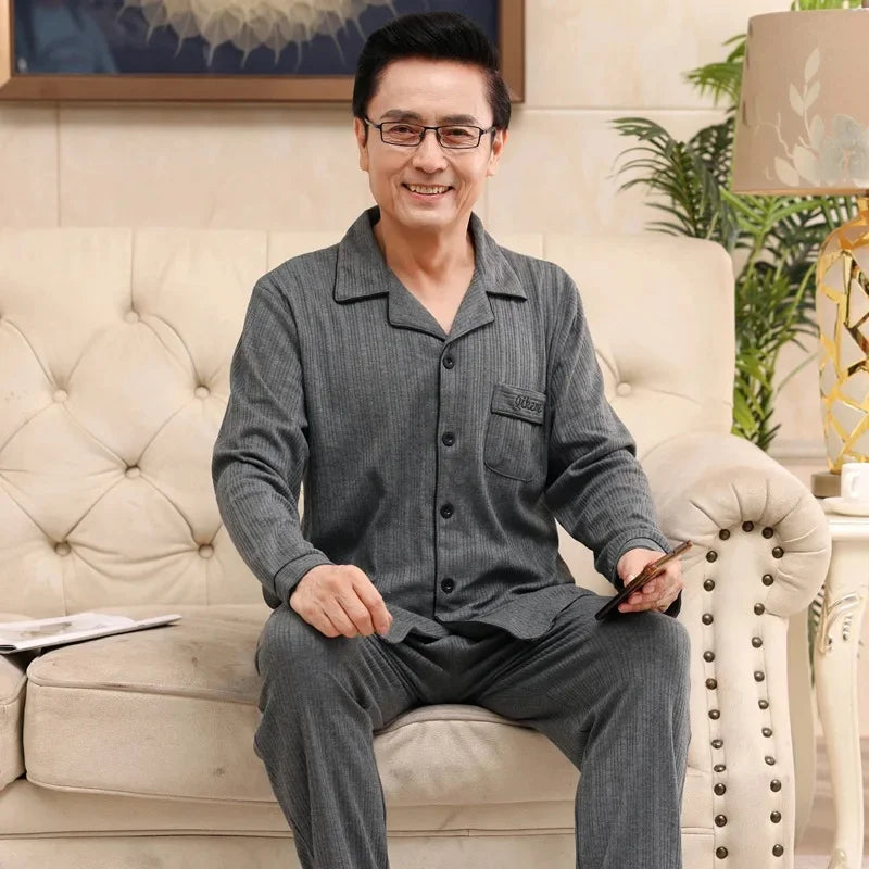 Men's Pure Cotton Long Sleeve Sleepwear Plaid Home Clothes Nightgown