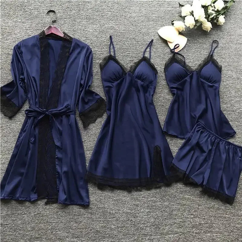 4 Pieces Women's Sexy Lace Pajamas V-Neck Gown Comfort With Chest Pads