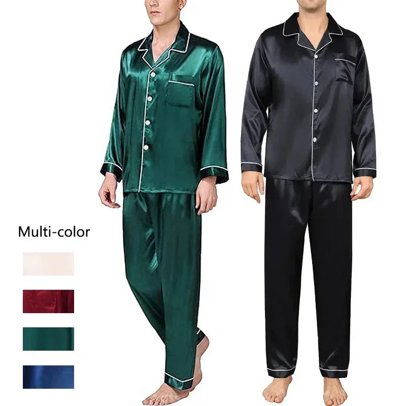 Two sets of satin pajamas in green and black with color swatches below on a white background.