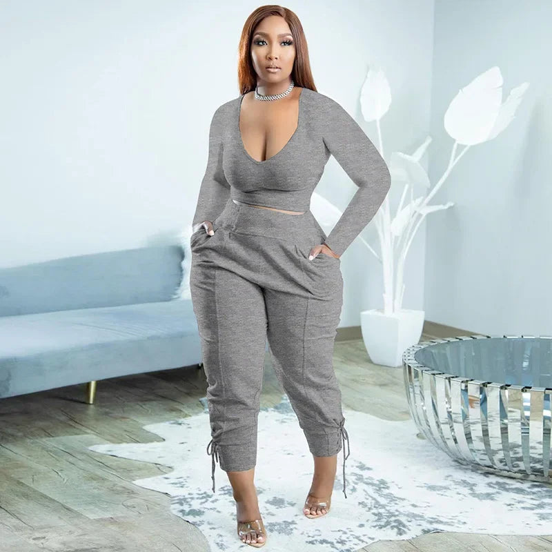 Plus Size Sexy Loose Fit Casual 2-Piece Set for Women V-Neck Pantsuit