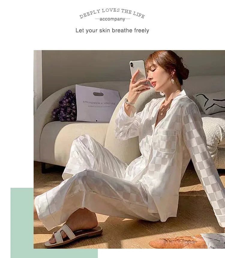 Women's Home wear Set Summer Long-Sleeved Pants Plaid Pajama Set