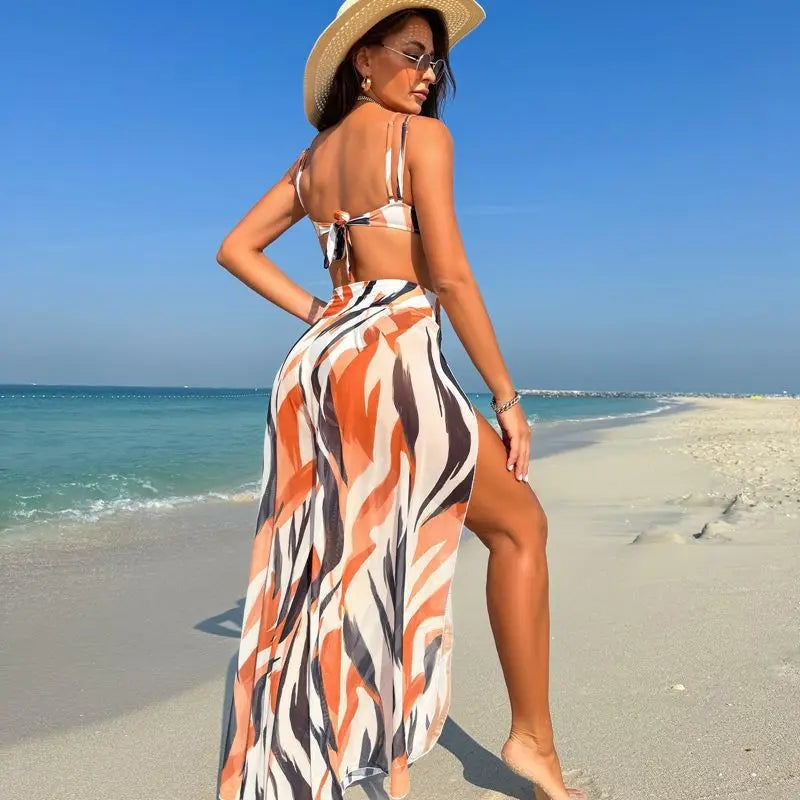 Bikinis Sets 3 Pieces Swimsuit Slit Pants Cover Ups Stripe Swimwear