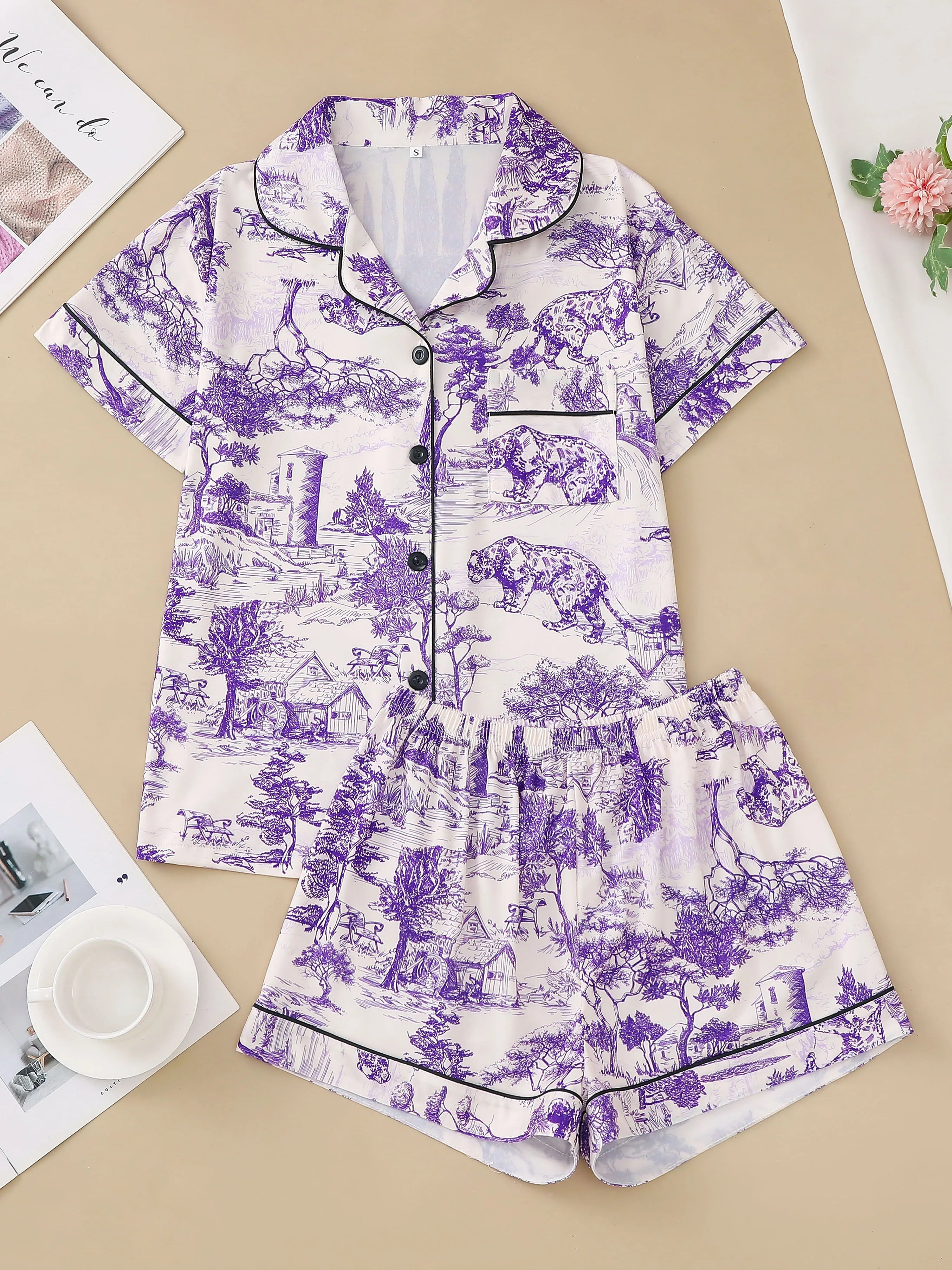 Pajama set, comfortable short-sleeved lapel top loungewear for women