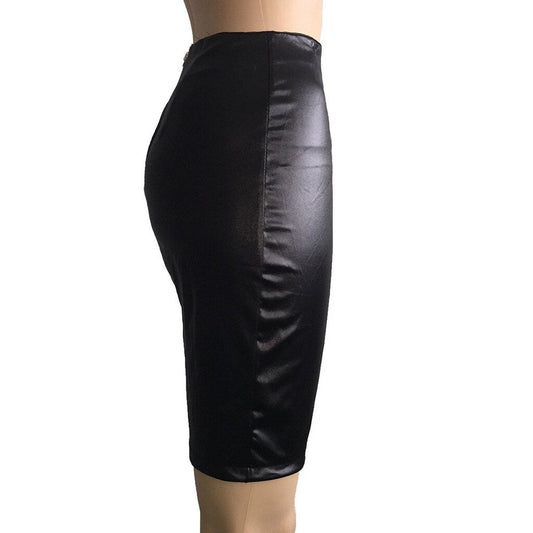 Ladies High Waist Bandage Split Sexy Hip Leather Skirt