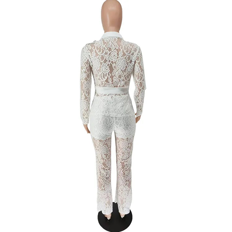 Women's Crochet Lapel Long Sleeve Jumpsuit Two Piece Pants Set Trendy