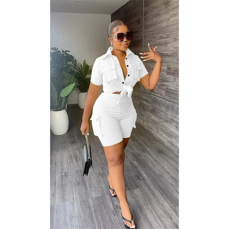 Button-Up Shirt Top Short Matching Streetwear Two Piece Set for Women