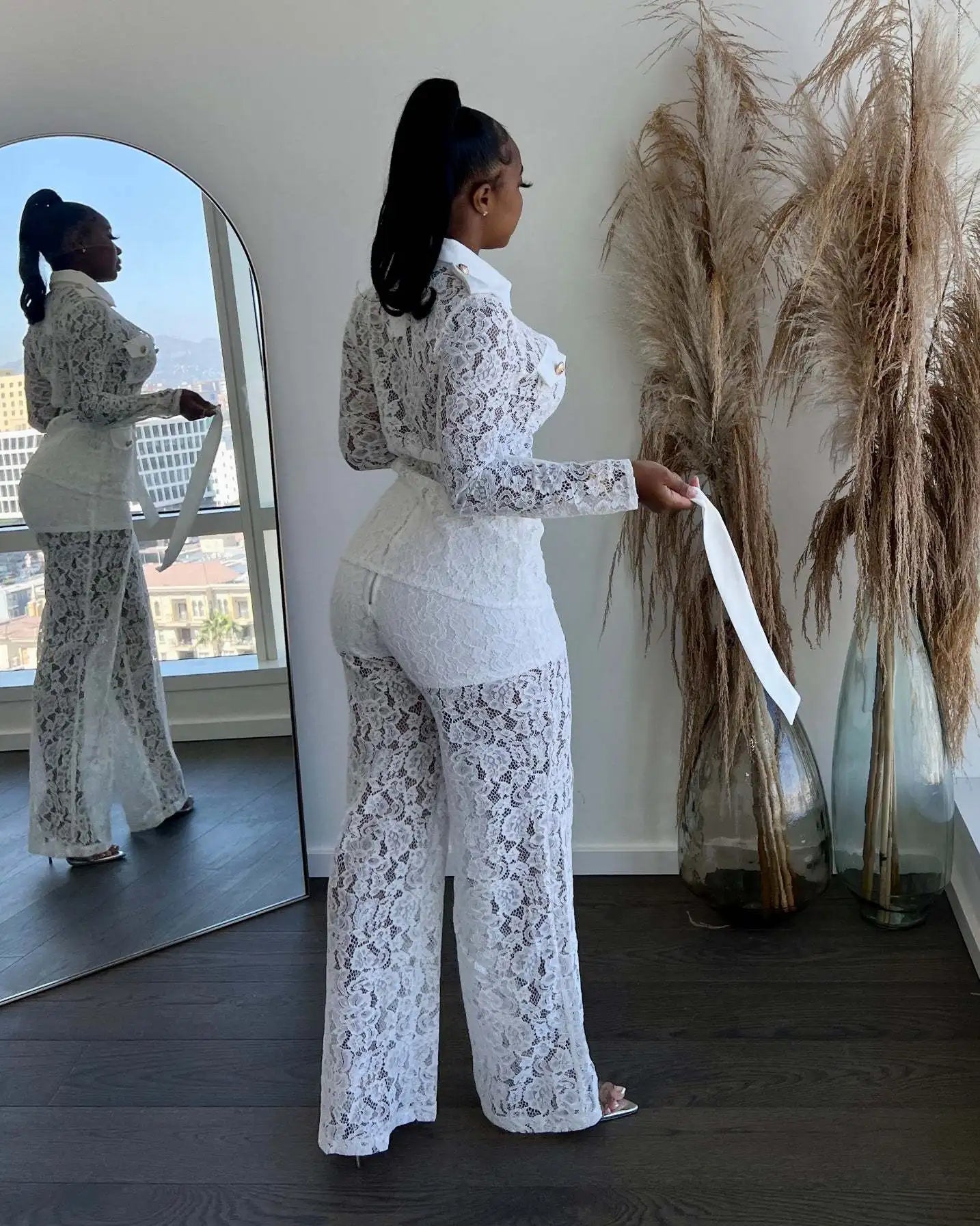 Women's Crochet Lapel Long Sleeve Jumpsuit Two Piece Pants Set Trendy