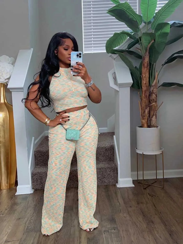 Women's Outfits: Stretchy Knitted Suit Sexy Sleeveless Top and Pants