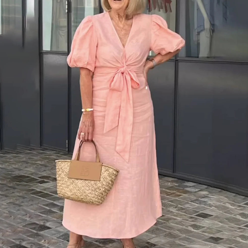 Plus Size Women's Solid Elegant V-Neck Lace-Up Puff Sleeve Maxi Dress