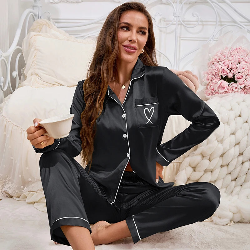 Chic Pajama Embroidery Long Sleeve Tops with Long Pants Outfit Set