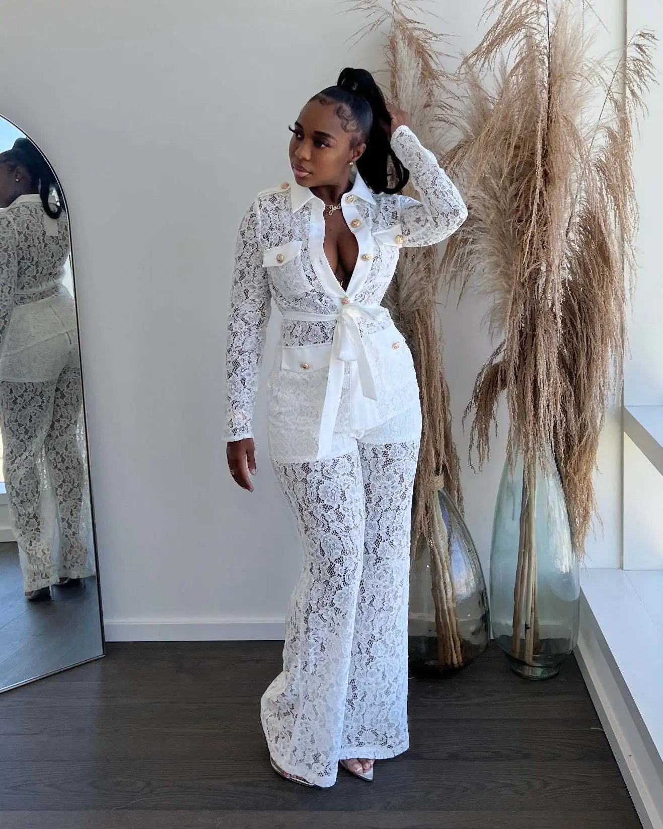 Women's Crochet Lapel Long Sleeve Jumpsuit Two Piece Pants Set Trendy