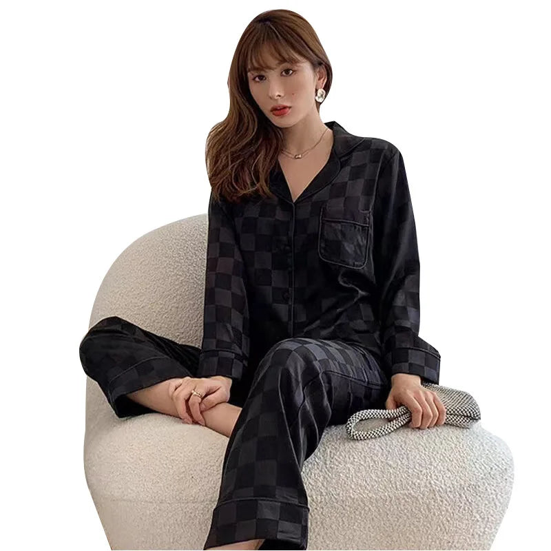 Women's Home wear Set Summer Long-Sleeved Pants Plaid Pajama Set