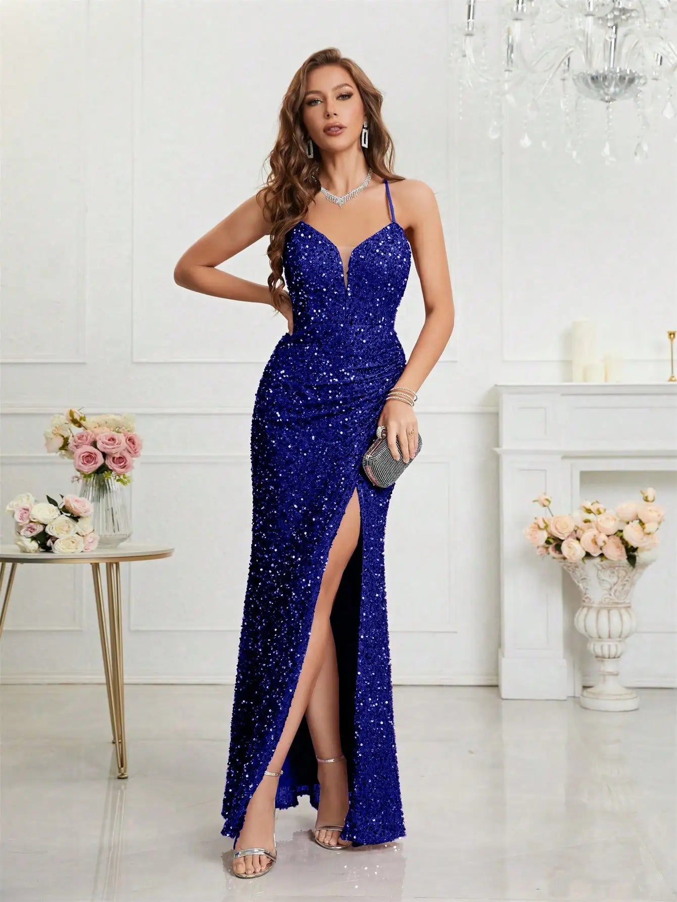 Bodycon Halter Neck Ruched Waist Sequined Formal  Cami Women's Dress
