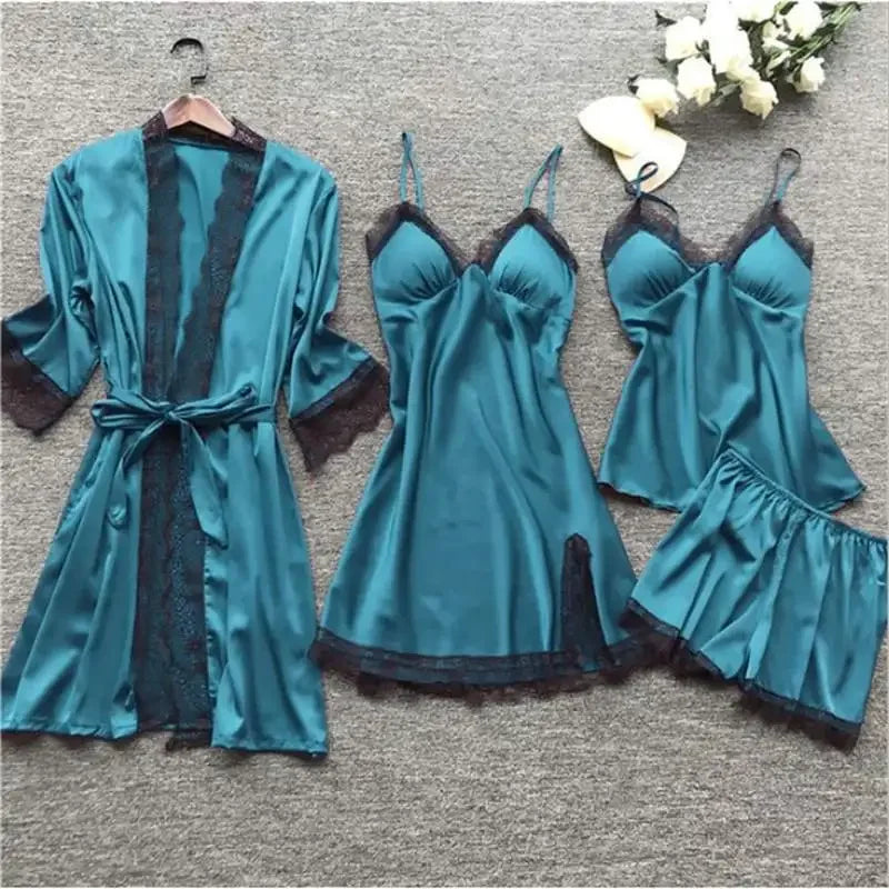 4 Pieces Women's Sexy Lace Pajamas V-Neck Gown Comfort With Chest Pads