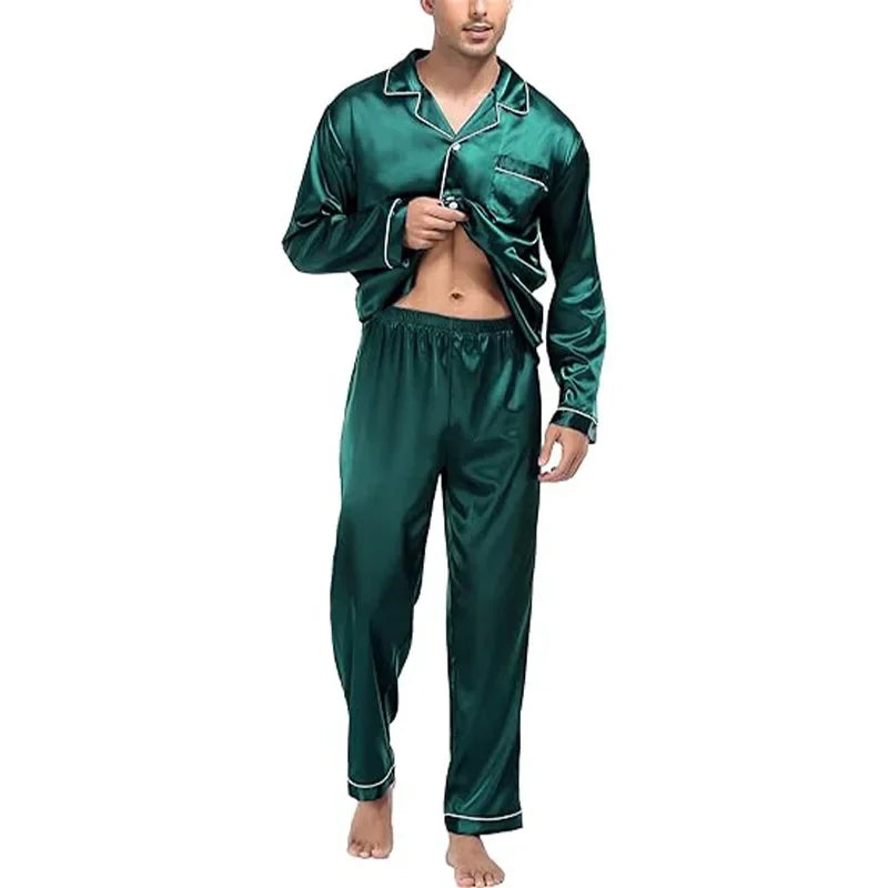 Man wearing a green satin pajama set on a white background