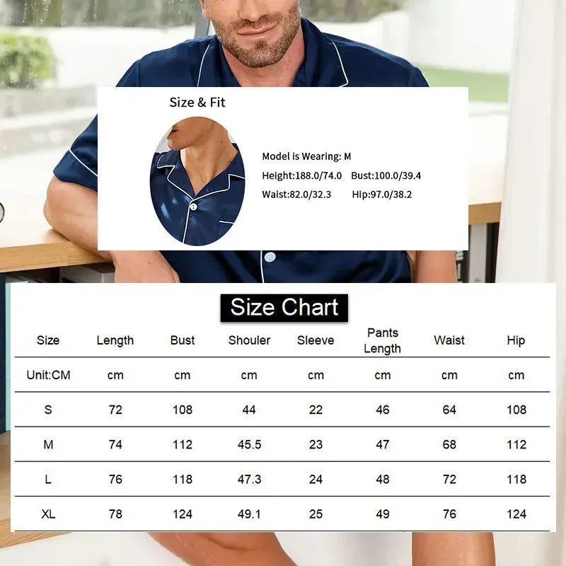 Plus Size Men's Pajama Set Faux Silk Lapel Cardigan Short Sleeve Set