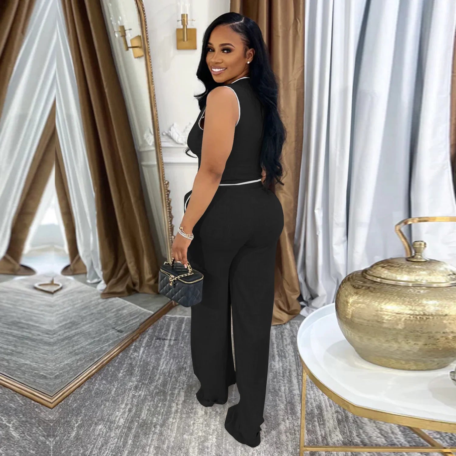 Fashion Women's Strapless Vest Tops and Wide Leg Pants Two 2-Piece Set