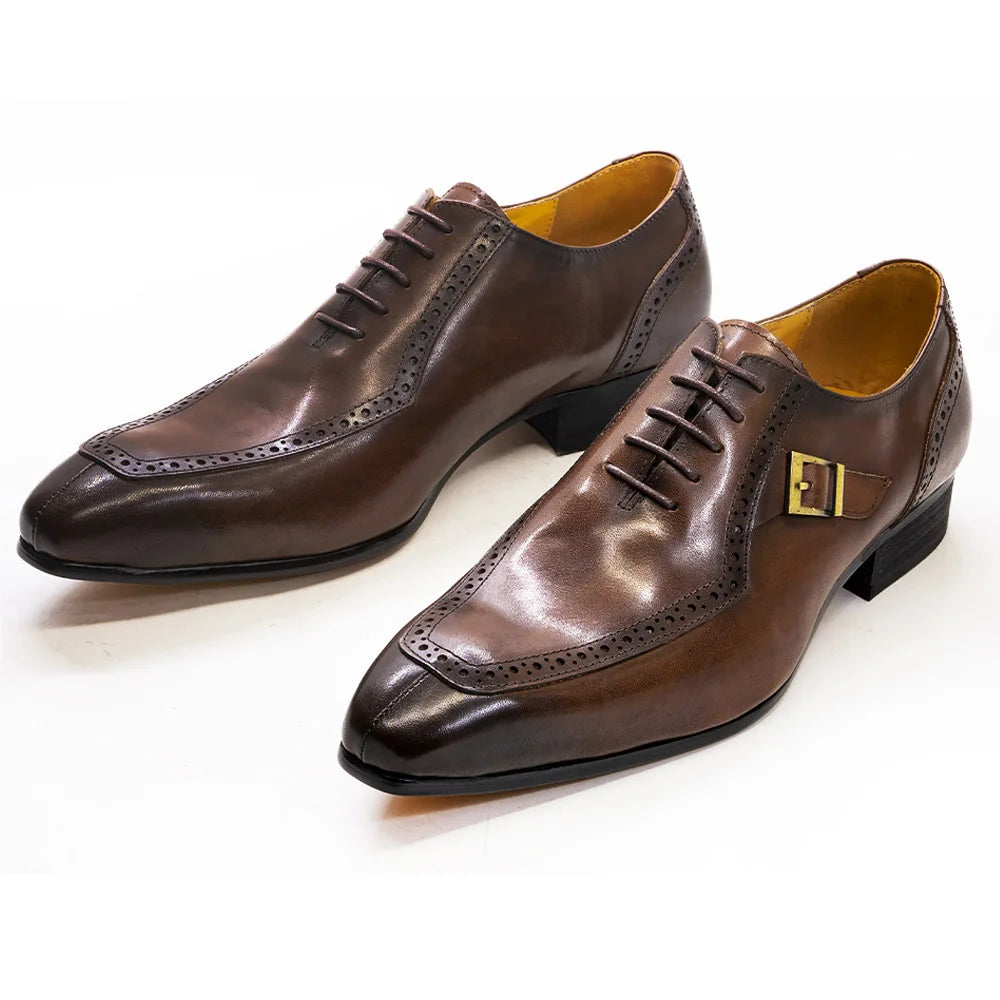 Luxury Leather Formal Shoes Lace Up Buckle Pointed Toe Shoes for Men