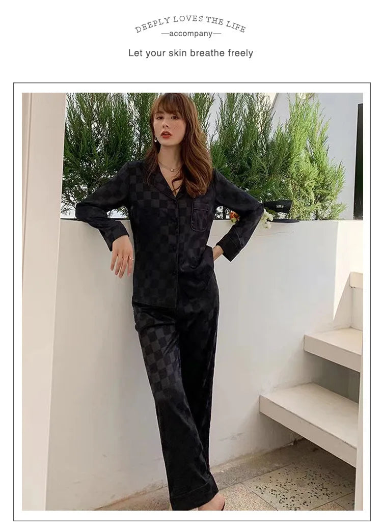 Women's Home wear Set Summer Long-Sleeved Pants Plaid Pajama Set