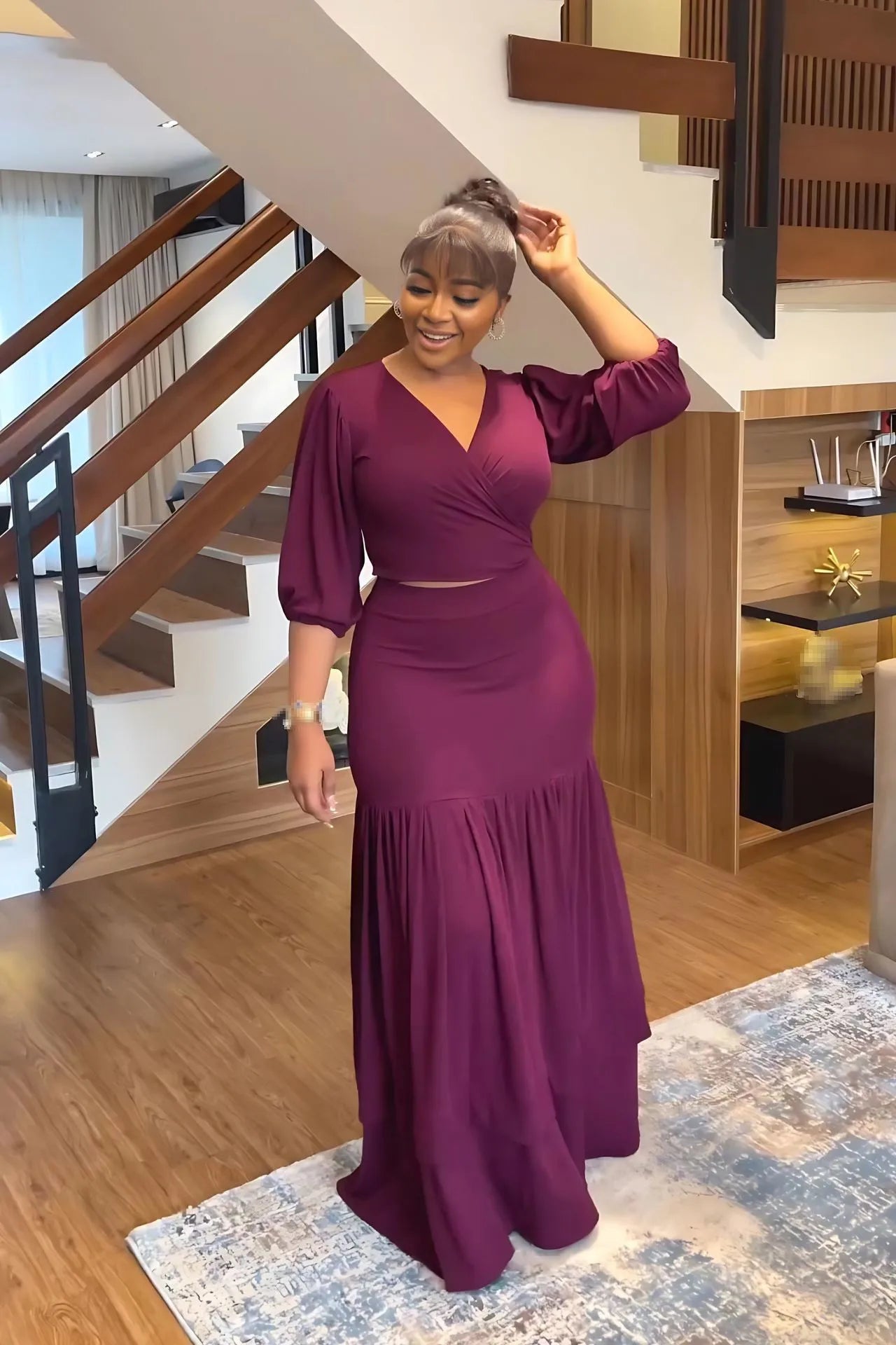 Women's Suits Deep V Neck Slim Short Tops High Waist Pleated Skirt