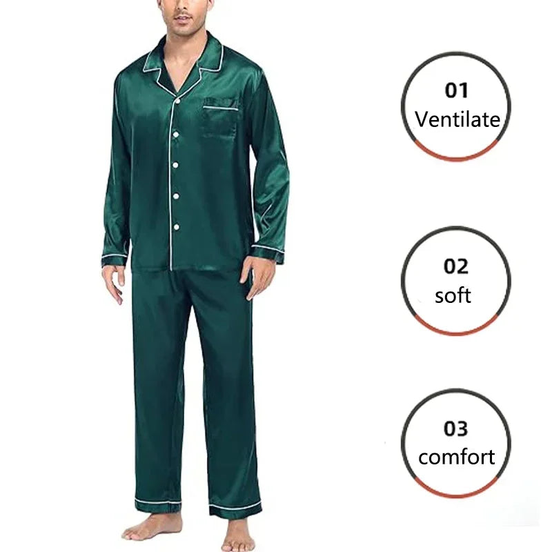 Green satin pajama set with text highlighting ventilate, soft, and comfort features on a white background.