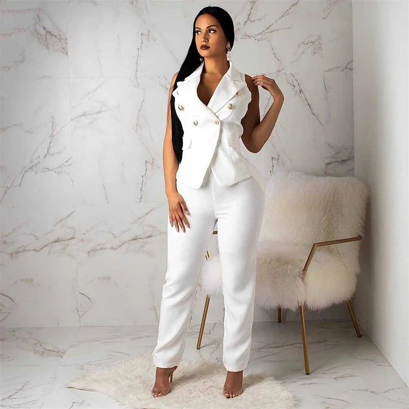 Women's Set Elegant Sleeveless Blazer Top + Pencil Pants Matching Sets