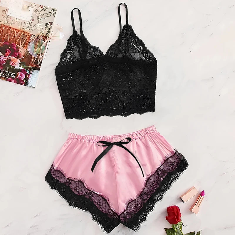 Summer 2 Pcs Women's New Sexy Lace See-Through Pajamas Shorts Set