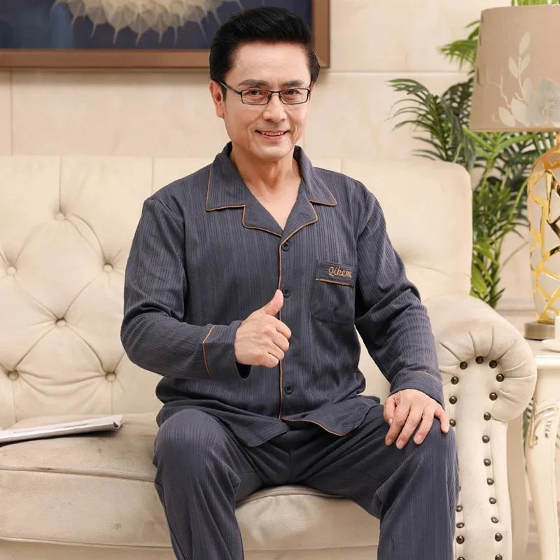 Men's Pure Cotton Long Sleeve Sleepwear Plaid Home Clothes Nightgown