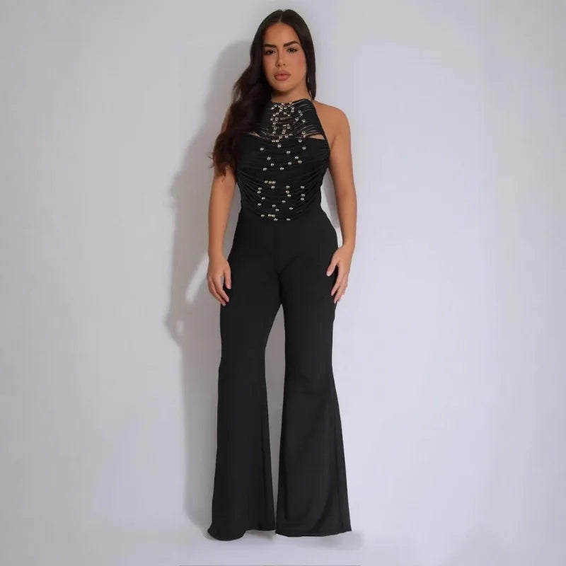 Backless Jumpsuits, Woman High Waist Flare Pants Romper Outfits