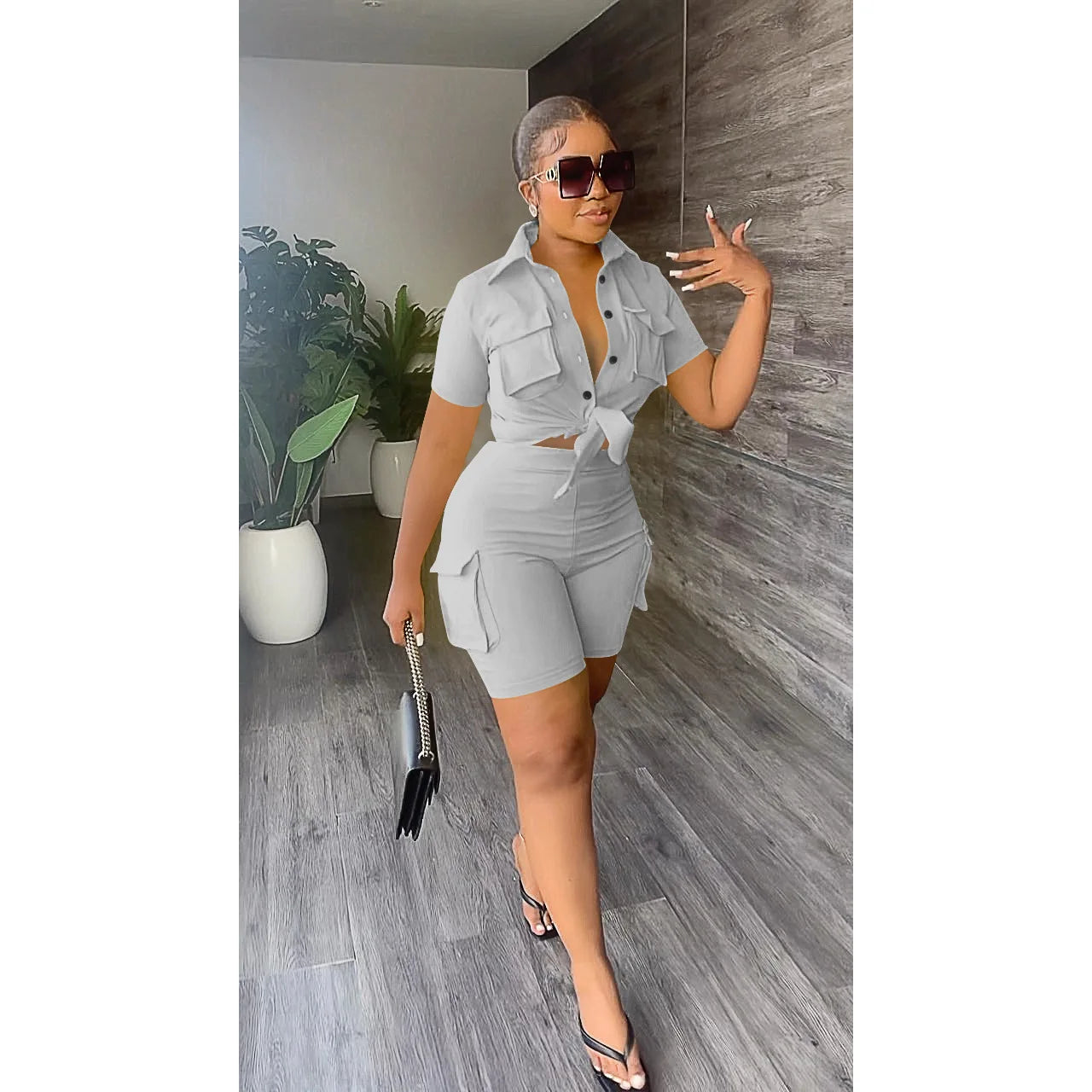 Button-Up Shirt Top Short Matching Streetwear Two Piece Set for Women