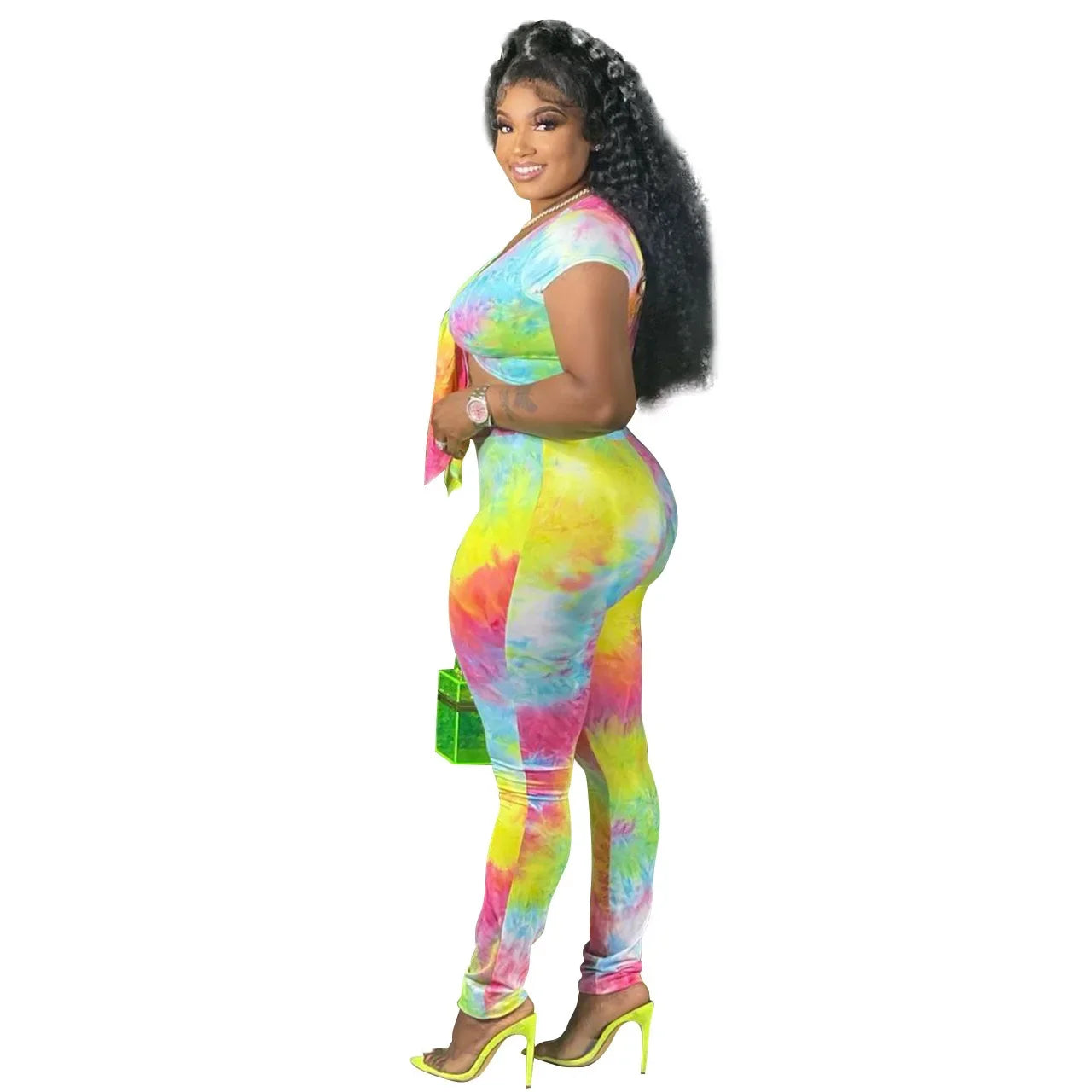 Plus Size Women's Fashion Tie Dye Gradient Print Two Piece Set Sexy Knot