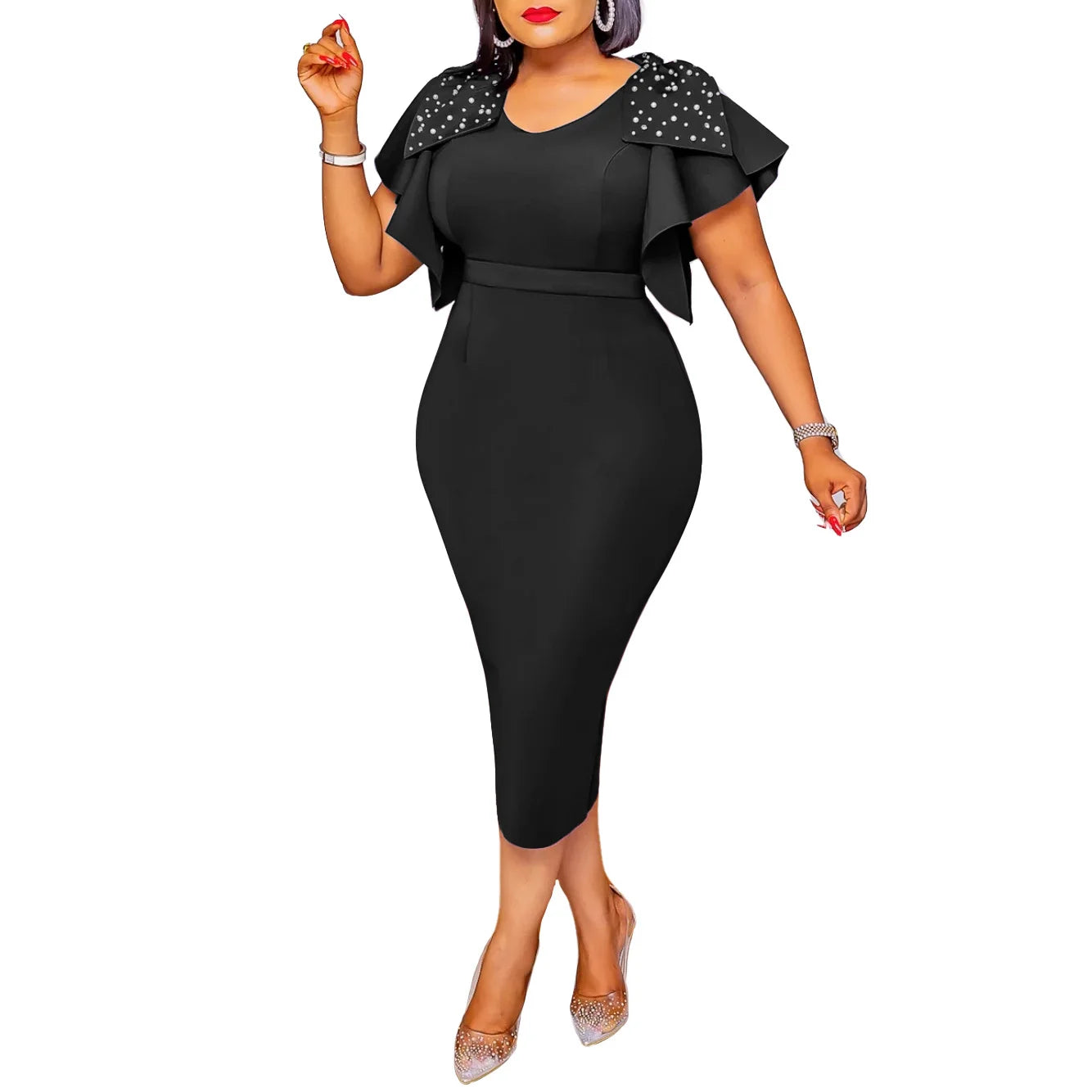 Women Leaf Edge High Waist Trendy Zipper Closure Short Sleeve Dress