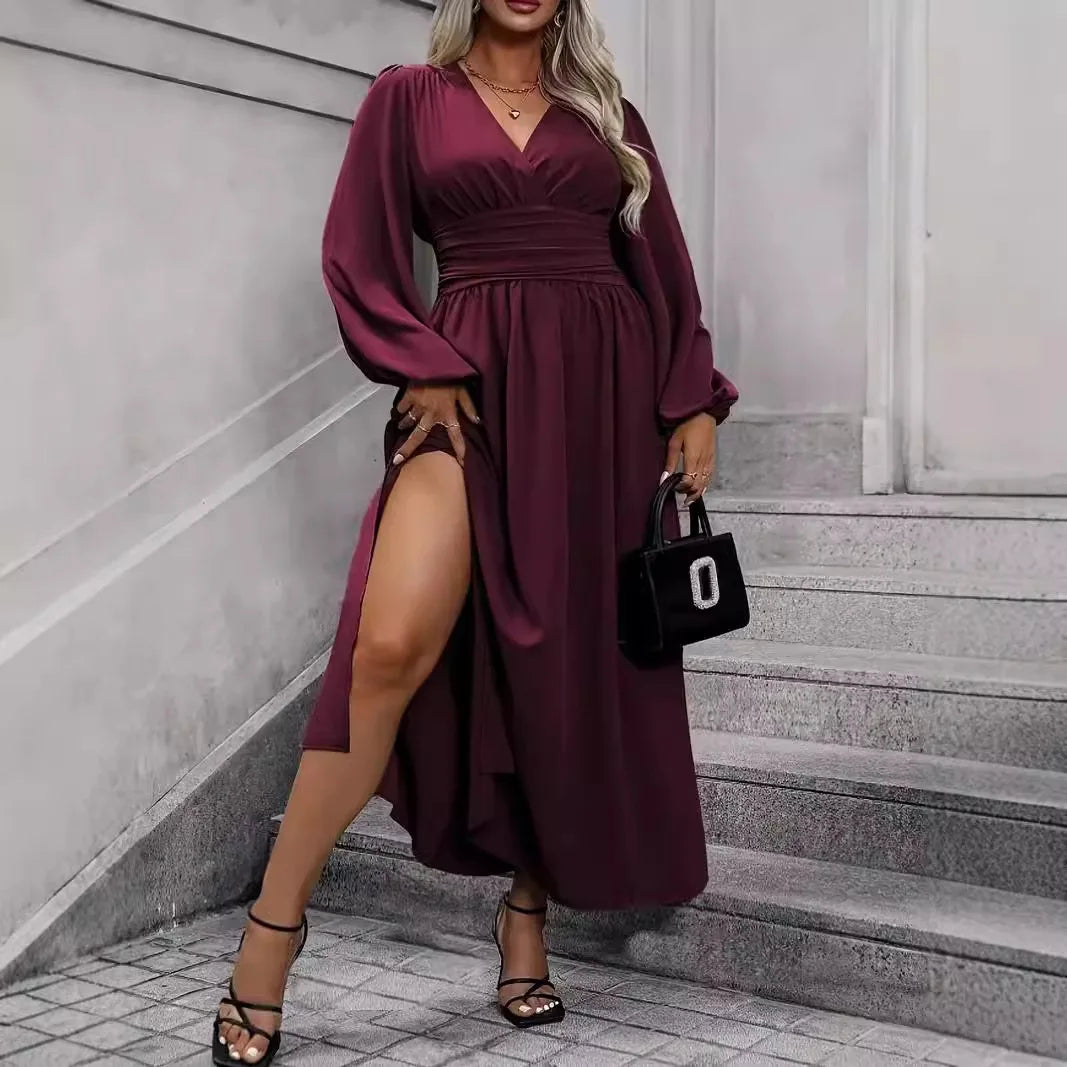 Plus Size Women's Elegant Long Dress V Neck High Waist  Long Sleeve