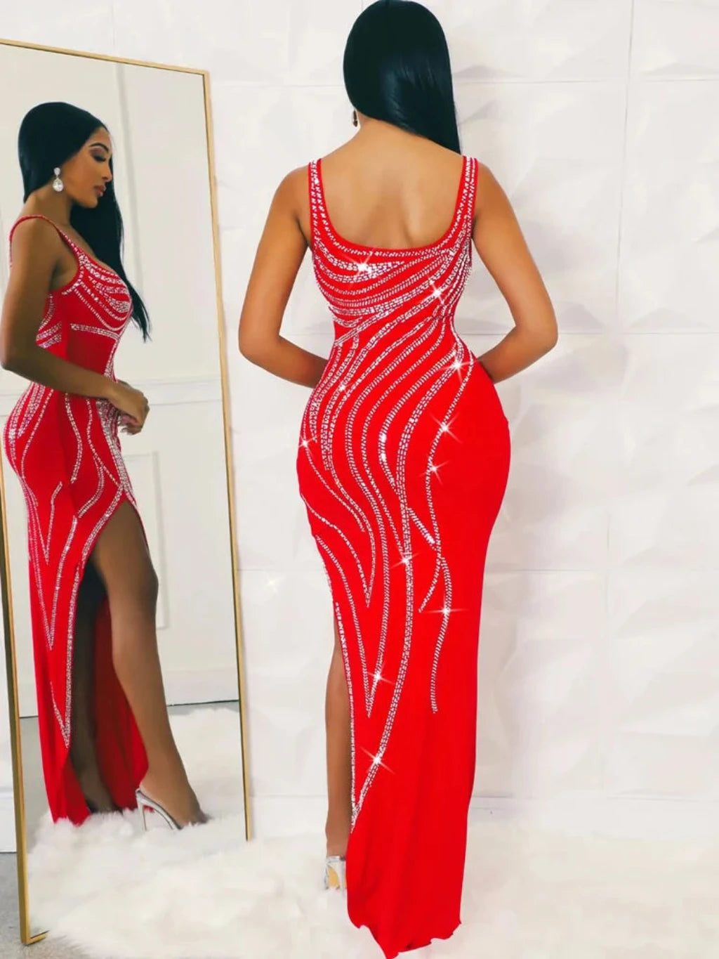 Women's Rhinestones Leg Slit Glam Sleeveless Maxi Club Dress Outfits