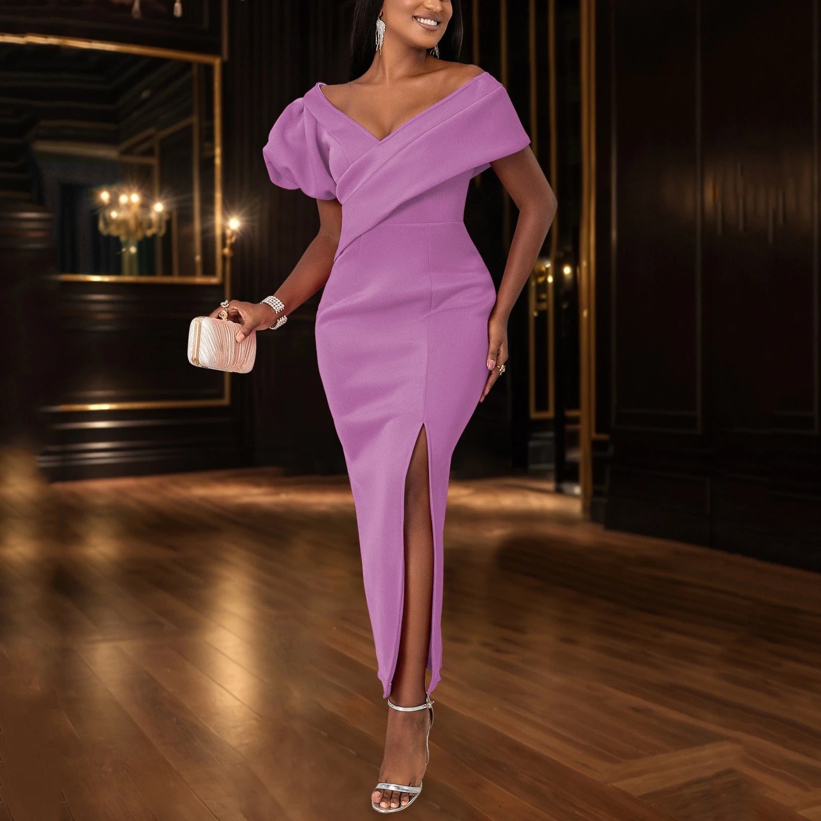 Sexy Bodycon Dresses for Women V Neck Side Split Ankle Length Fashion