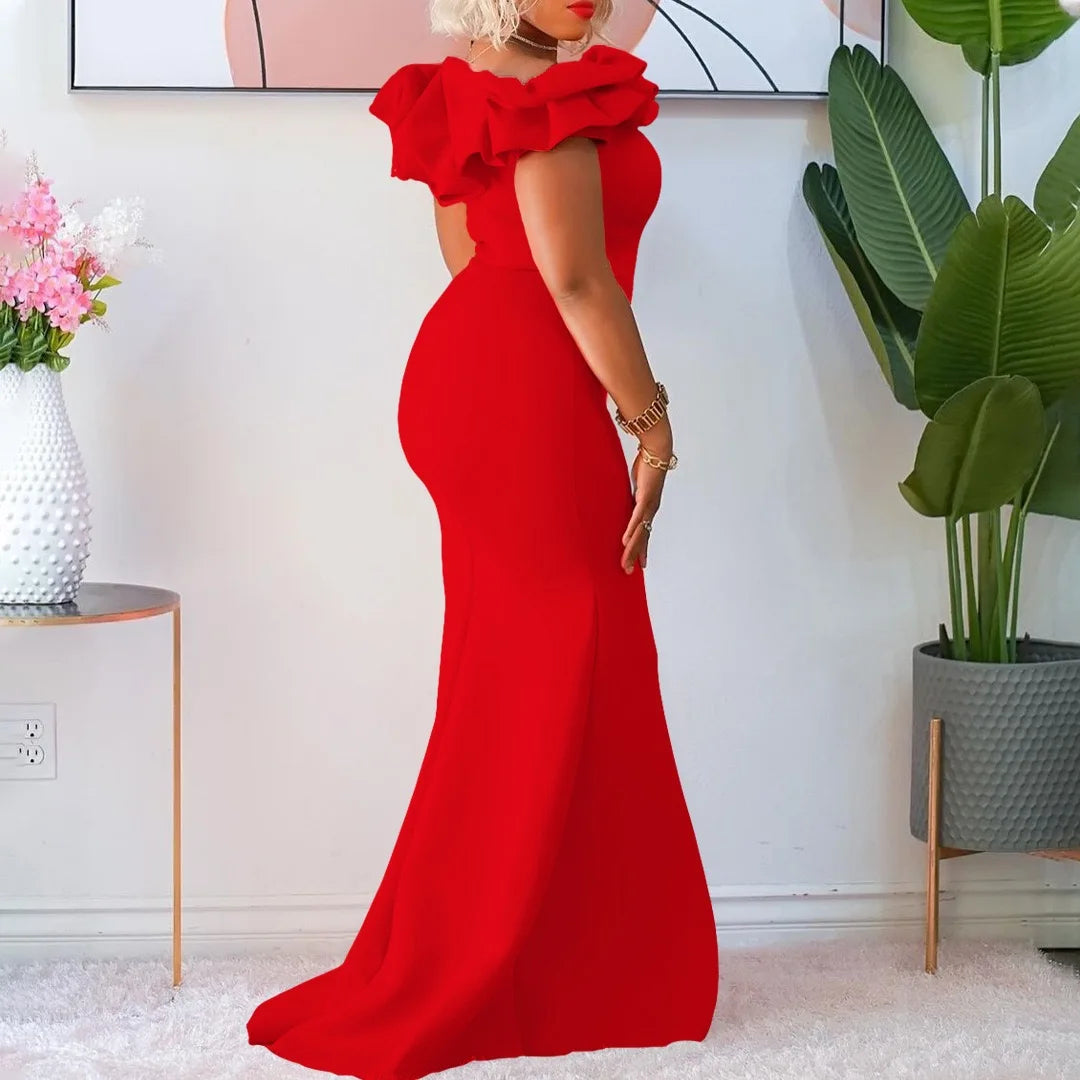Elegant Off Shoulder Short Sleeve Ruffles Mermaid Long Dress for Women