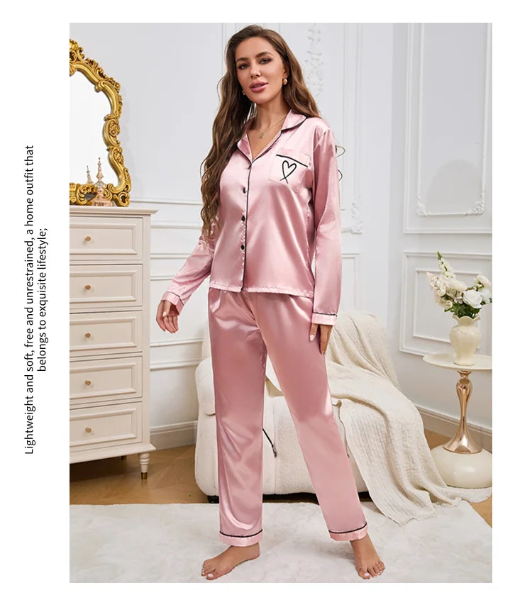 Chic Pajama Embroidery Long Sleeve Tops with Long Pants Outfit Set