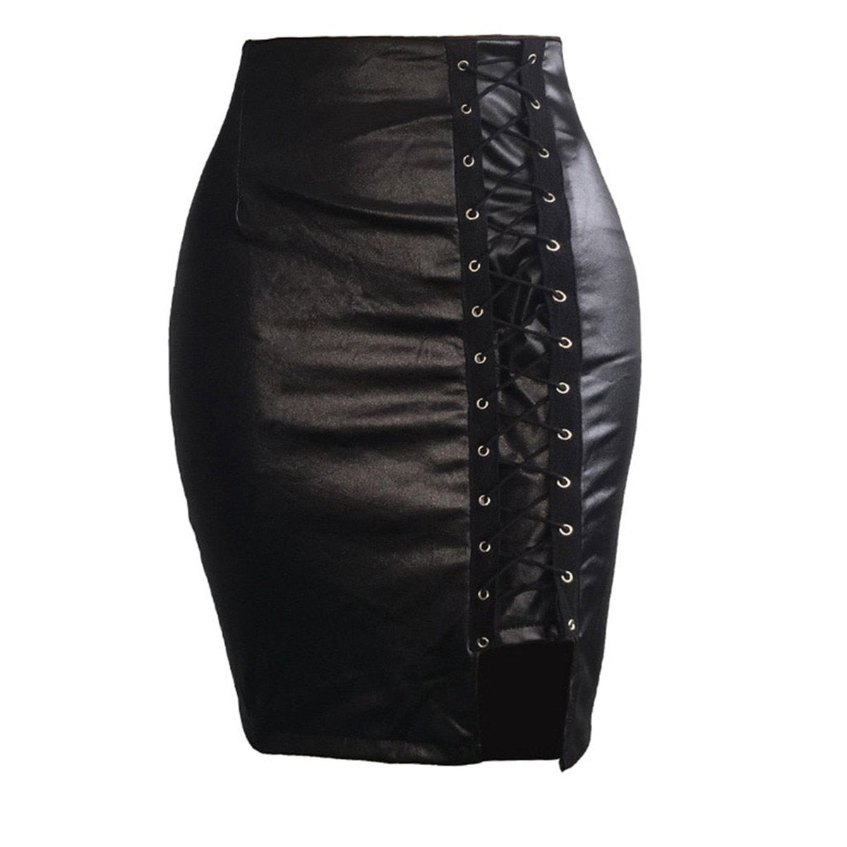 Ladies High Waist Bandage Split Sexy Hip Leather Skirt