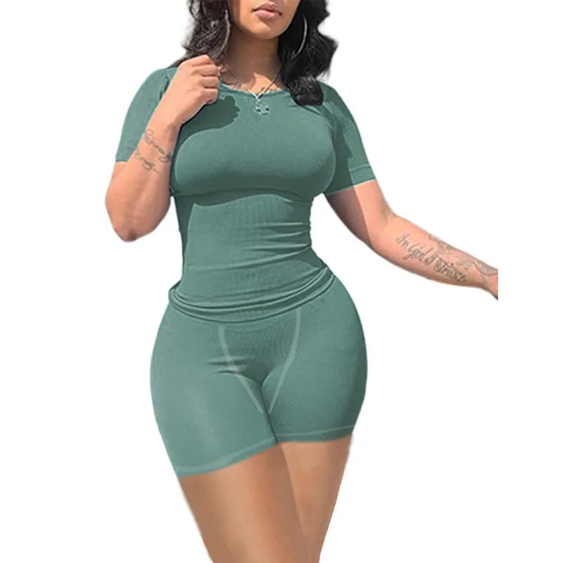Lounge Wear Ribbed Casual 2 Piece Shorts Elastic Outfits Set For Women