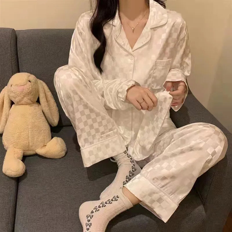 Women's Home wear Set Summer Long-Sleeved Pants Plaid Pajama Set