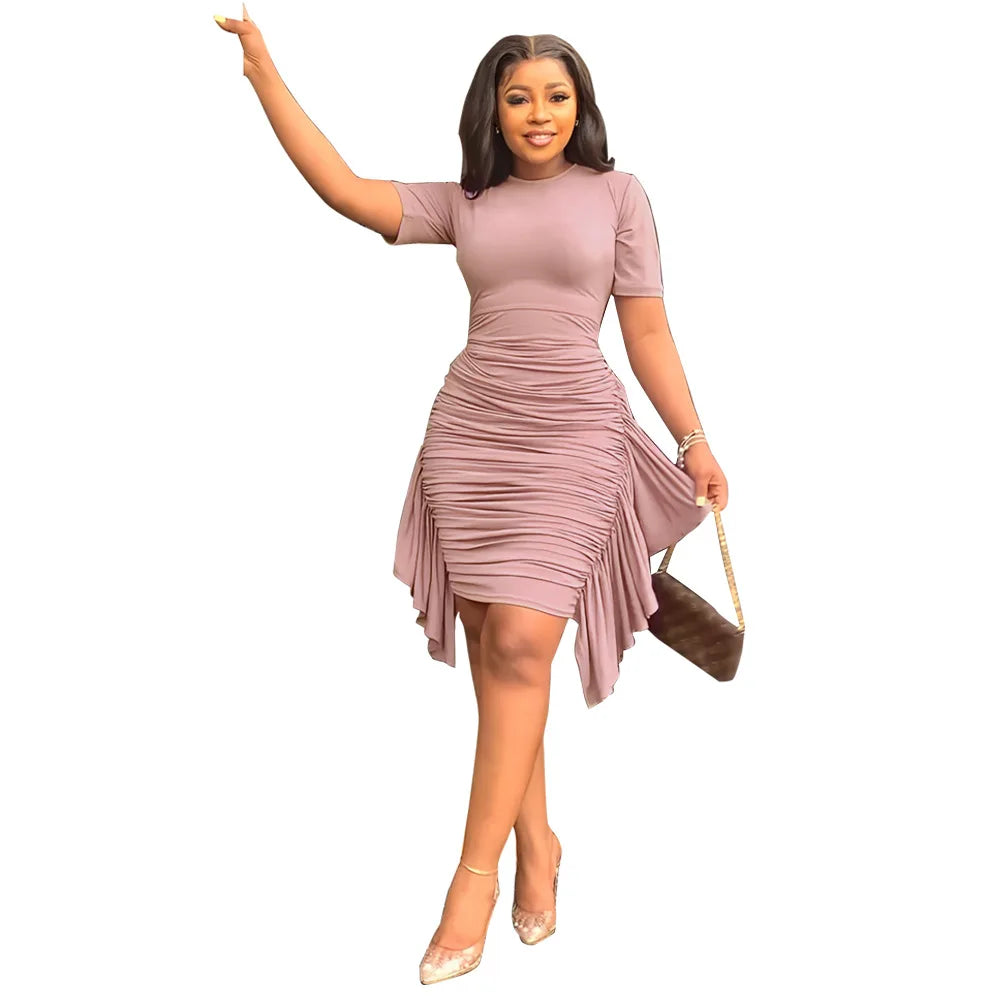 Women's Elegant African Short Sleeve O-neck Ruffled Skinny Slim Dress