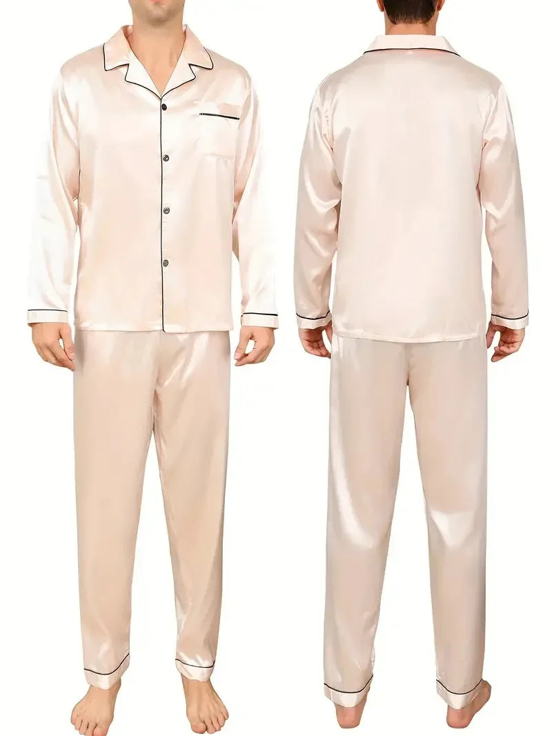 Beige satin pajama set worn by a person, shown from front and back views.