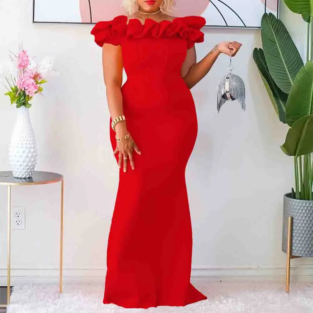 Elegant Off Shoulder Short Sleeve Ruffles Mermaid Long Dress for Women